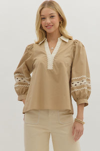 Entro 3/4 Sleeve Top With RicRac Trim In Taupe *COMING SOON*