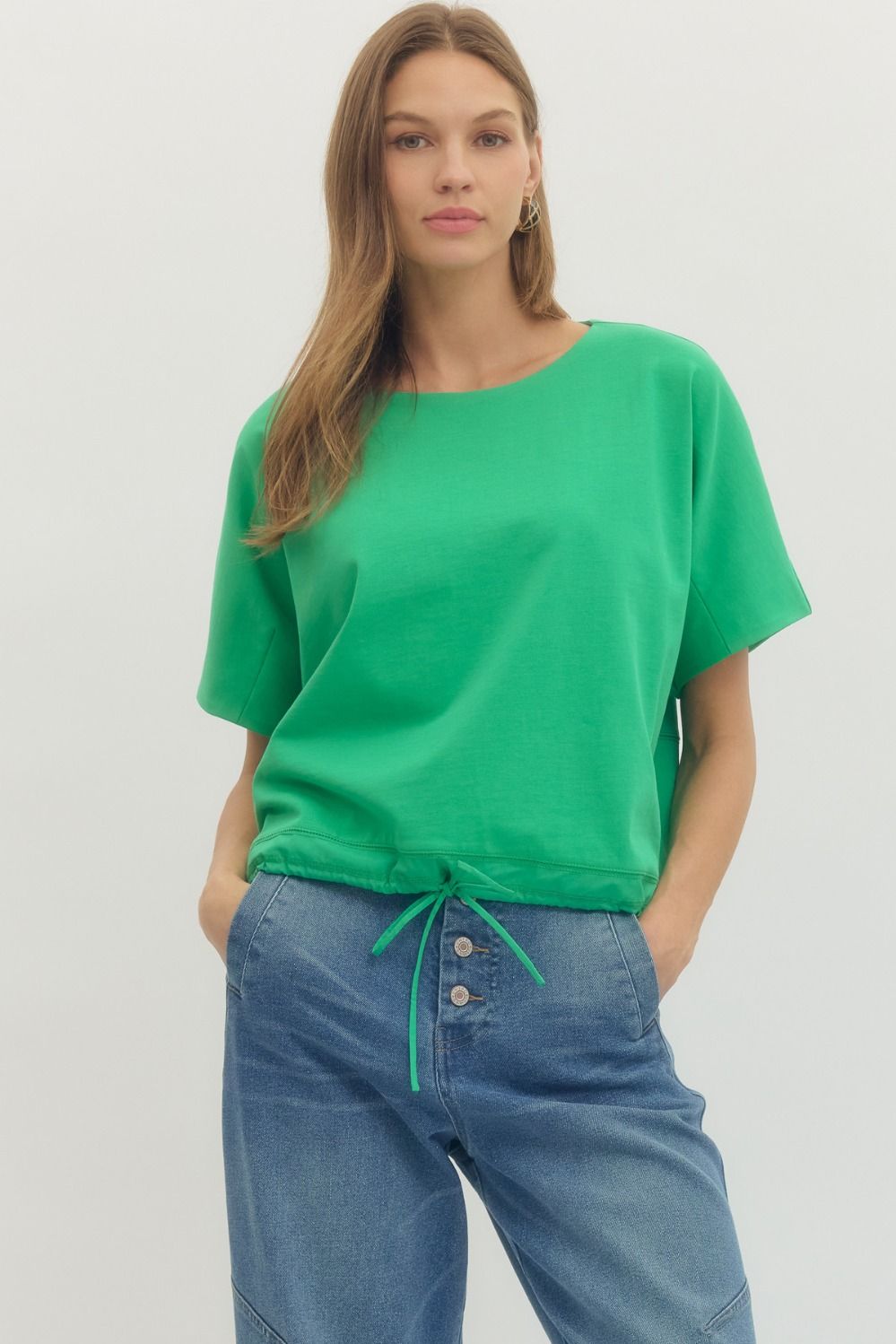 ENTRO Solid Short Sleeve Round Neck With Drawstring Hem In Green
