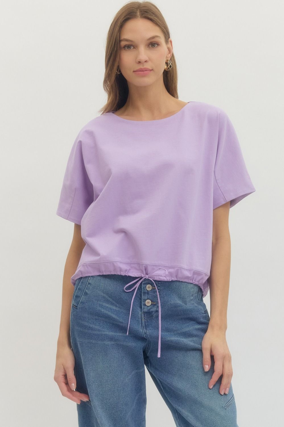 ENTRO Solid Short Sleeve Round Neck With Drawstring Hem In Lavender