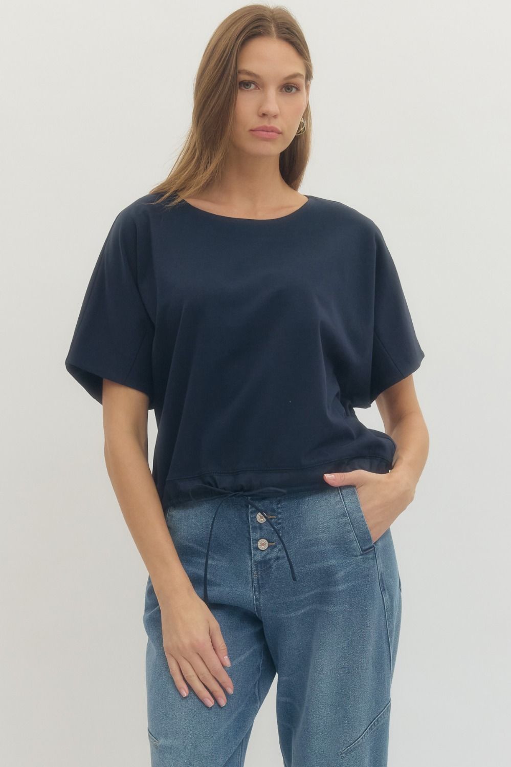 ENTRO Solid Short Sleeve Round Neck With Drawstring Hem In Navy