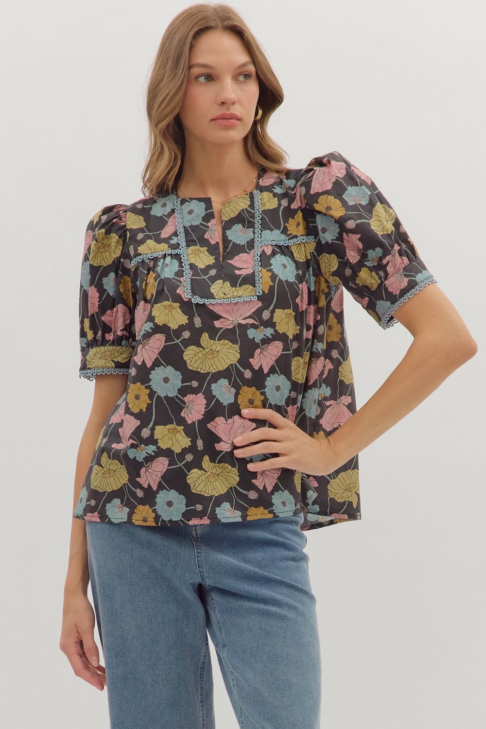 Entro Botanical Print Puff Sleeve Top In Black *COMING SOON*