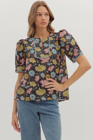 Entro Botanical Print Puff Sleeve Top In Black *COMING SOON*