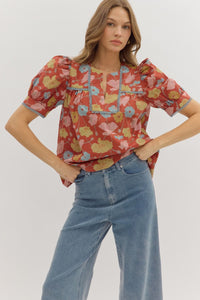 Entro Botanical Print Puff Sleeve Top In Brick *COMING SOON*