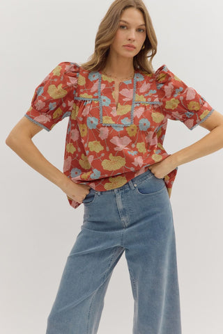 Entro Botanical Print Puff Sleeve Top In Brick *COMING SOON*