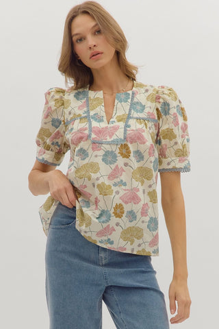 Entro Botanical Print Puff Sleeve Top In Ecru *COMING SOON*