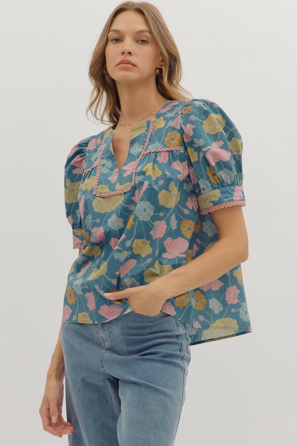 Entro Botanical Print Puff Sleeve Top In Teal *COMING SOON*