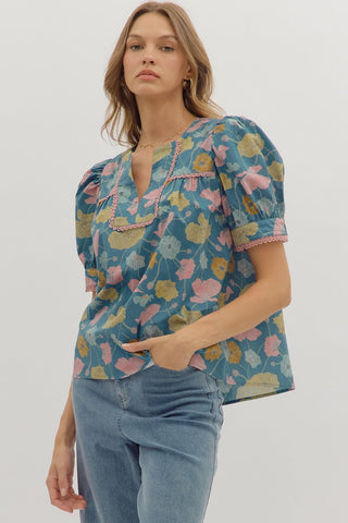 Entro Botanical Print Puff Sleeve Top In Teal *COMING SOON*