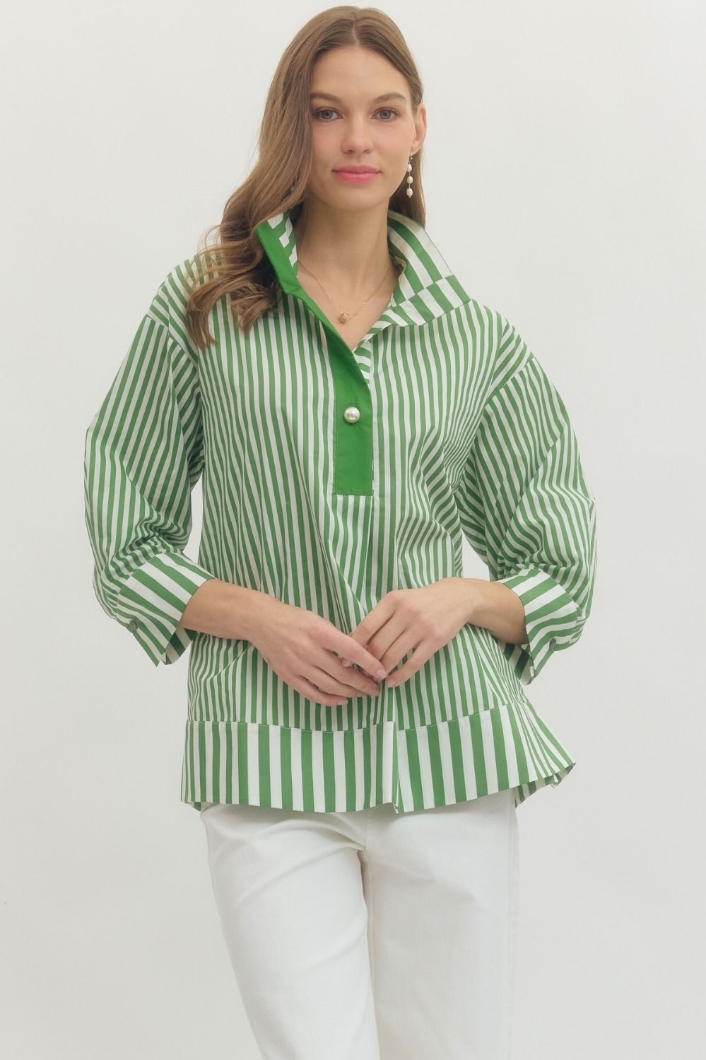 ENTRO Striped Print 3/4 Sleeve Top With Pearl Button In Green