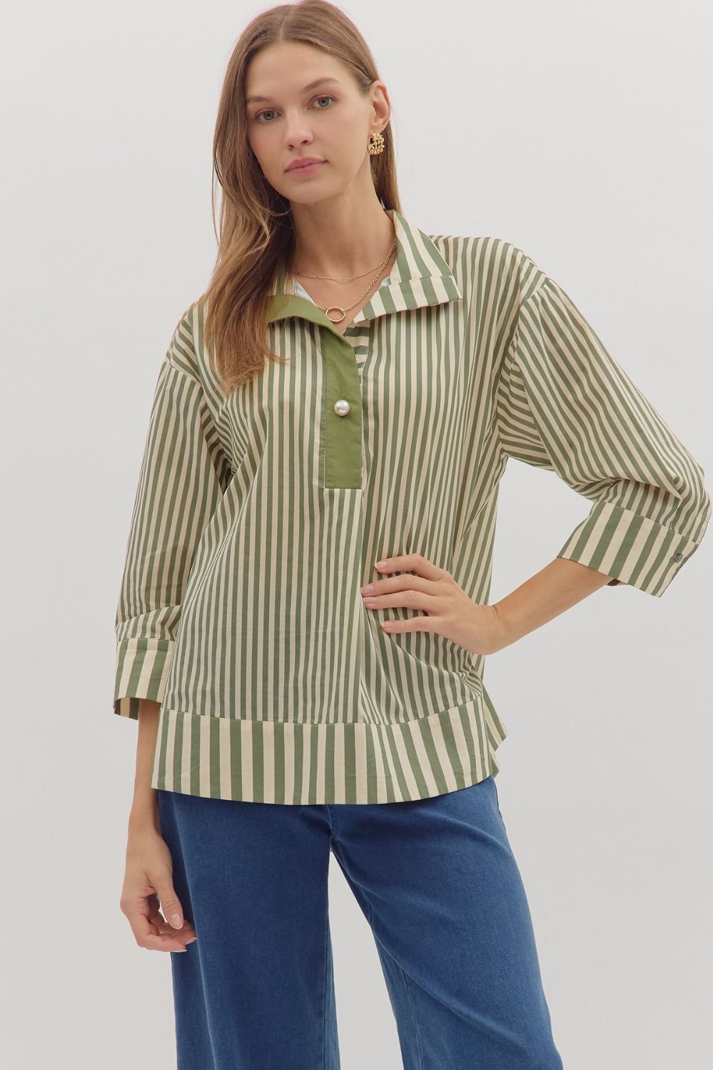 Entro Stripe Print 3/4 Sleeve Top With Wide Collar In Olive