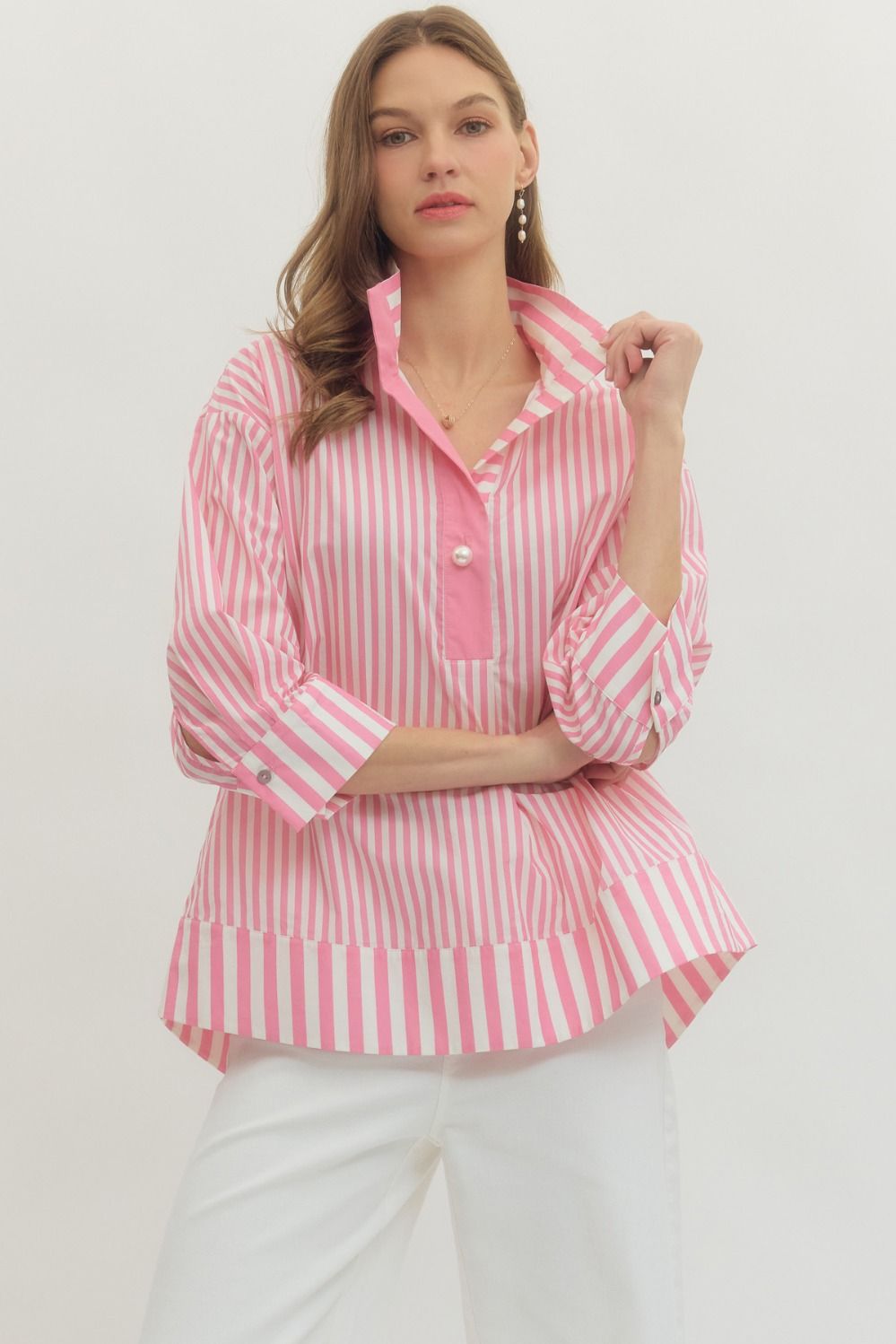 ENTRO Striped Print 3/4 Sleeve Top With Pearl Button In Pink