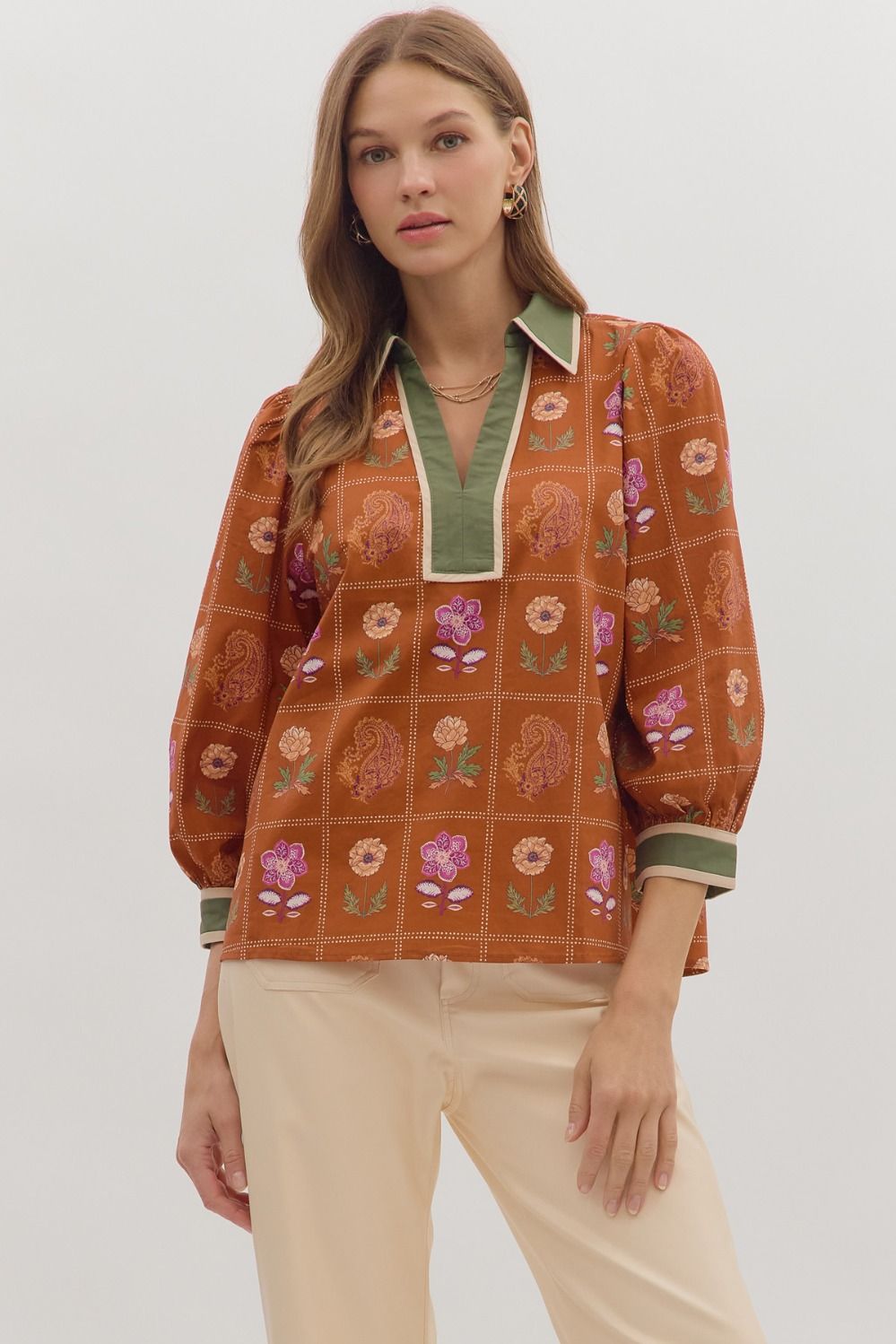 ENTRO Floral Block Print 3/4 Sleeve Top In Chestnut *COMING SOON*