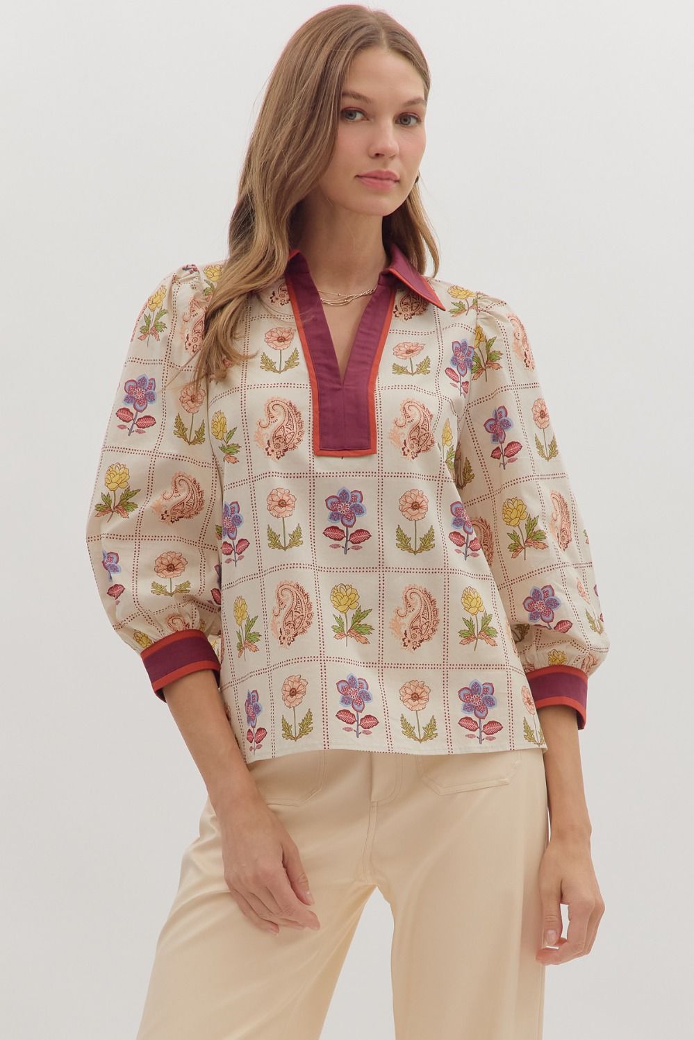 ENTRO Floral Block Print 3/4 Sleeve Top In Ecru *COMING SOON*