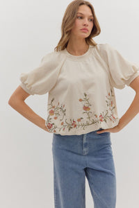 Entro Floral Embroidered Hem Puff Sleeve Top In Ecru *COMING SOON*