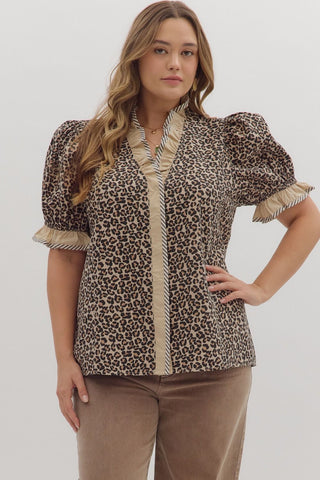 Entro Leopard Print Puff Sleeve Top In Taupe PLUS Sizes