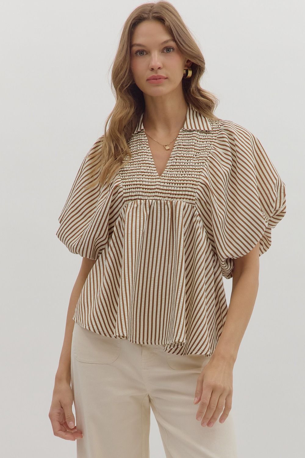 Entro Striped Dolman Sleeve Top In Caramel *COMING SOON*