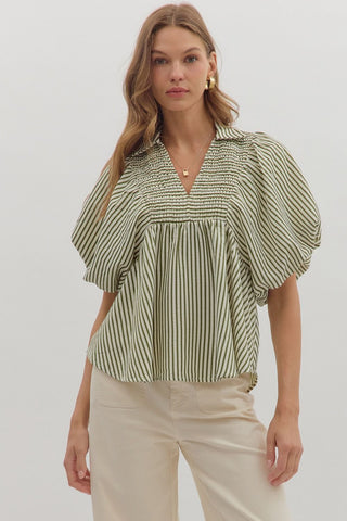 Entro Striped Dolman Sleeve Top In Olive *COMING SOON*