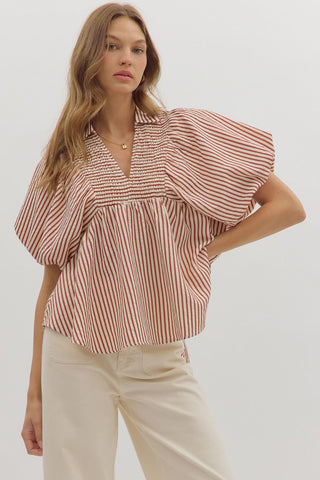 Entro Stripe Puff Sleeve Dolman Top In Rust *COMING SOON*