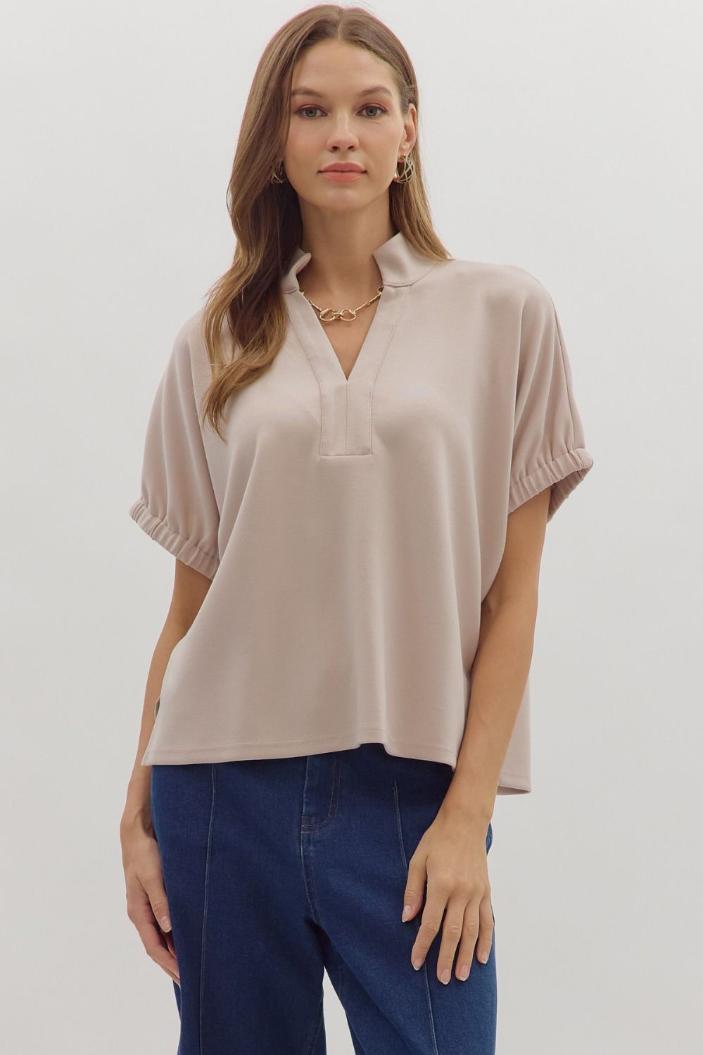 Entro Short Sleeve V Neck Collar Top In Almond