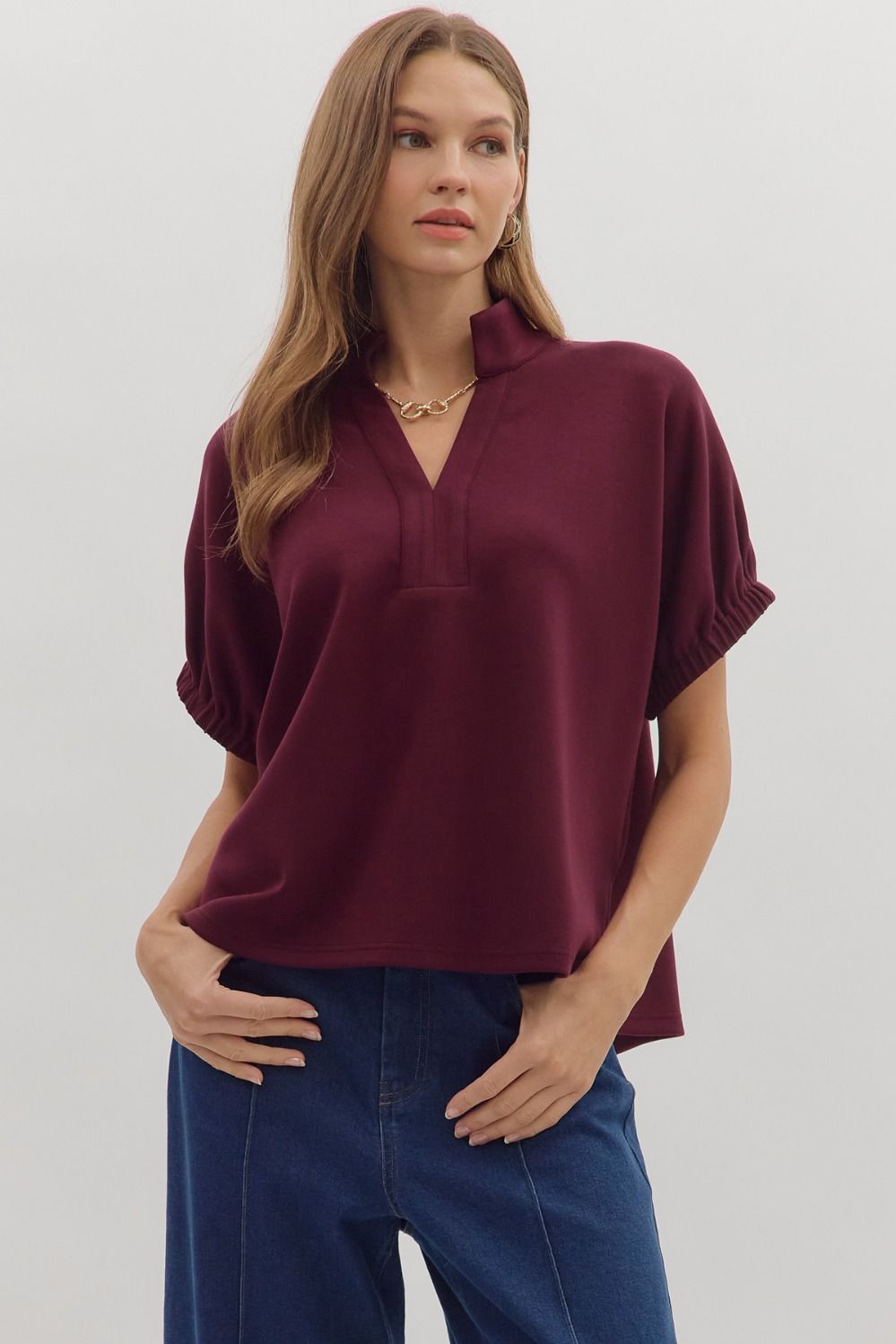 Entro Short Sleeve V Neck Collar Top In Burgundy *COMING SOON*