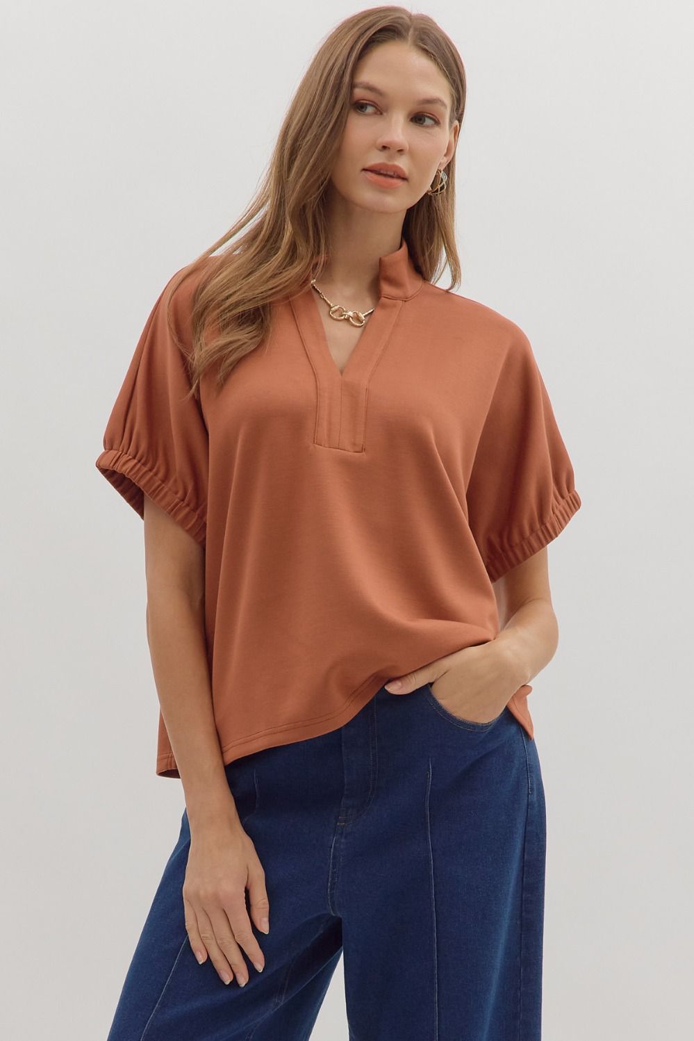 Entro Short Sleeve V Neck Collar Top In Clay *COMING SOON*