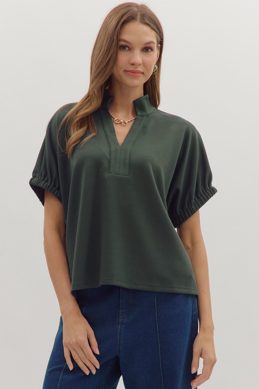 Entro Short Sleeve V Neck Collar Top In Forest *COMING SOON*
