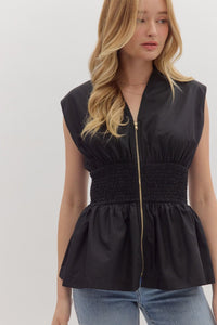 Entro Solid Sleeveless Top With Smocked Waist In Black