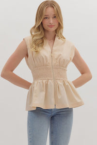 Entro Solid Sleeveless Top With Smocked Waist In Ecru