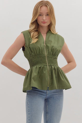 Entro Solid Sleeveless Top With Smocked Waist In Olive