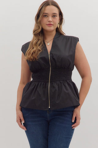Entro Solid Sleeveless Top With Smocked Waist In Black PLUS Sizes *COMING SOON*