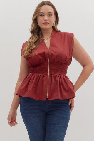 Entro Solid Sleeveless Top With Smocked Waist In Burgundy PLUS Sizes *COMING SOON*