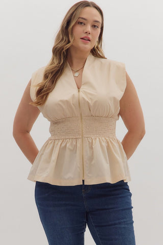 Entro Solid Sleeveless Top With Smocked Waist In Ecru PLUS Sizes *COMING SOON*
