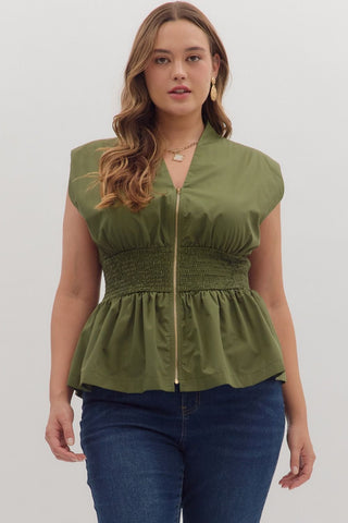 Entro Solid Sleeveless Top With Smocked Waist In Olive PLUS Sizes *COMING SOON*