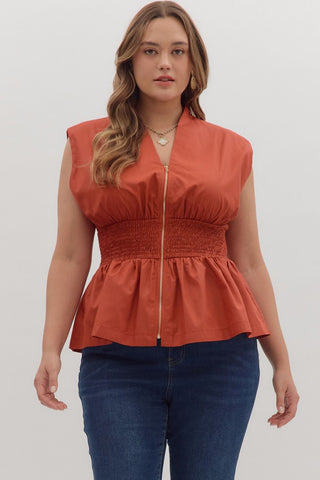 Entro Solid Sleeveless Top With Smocked Waist In Rust PLUS Sizes *COMING SOON*