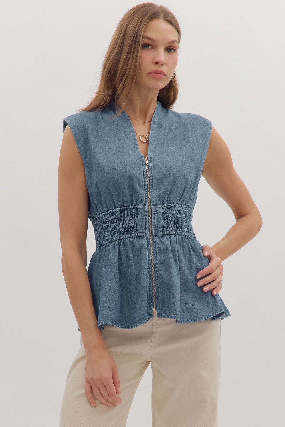 Entro Solid Denim Peplum Top With Smocked Waist In Denim
