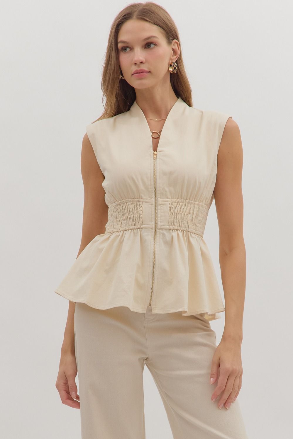 Entro Solid Denim Peplum Top With Smocked Waist In Ecru