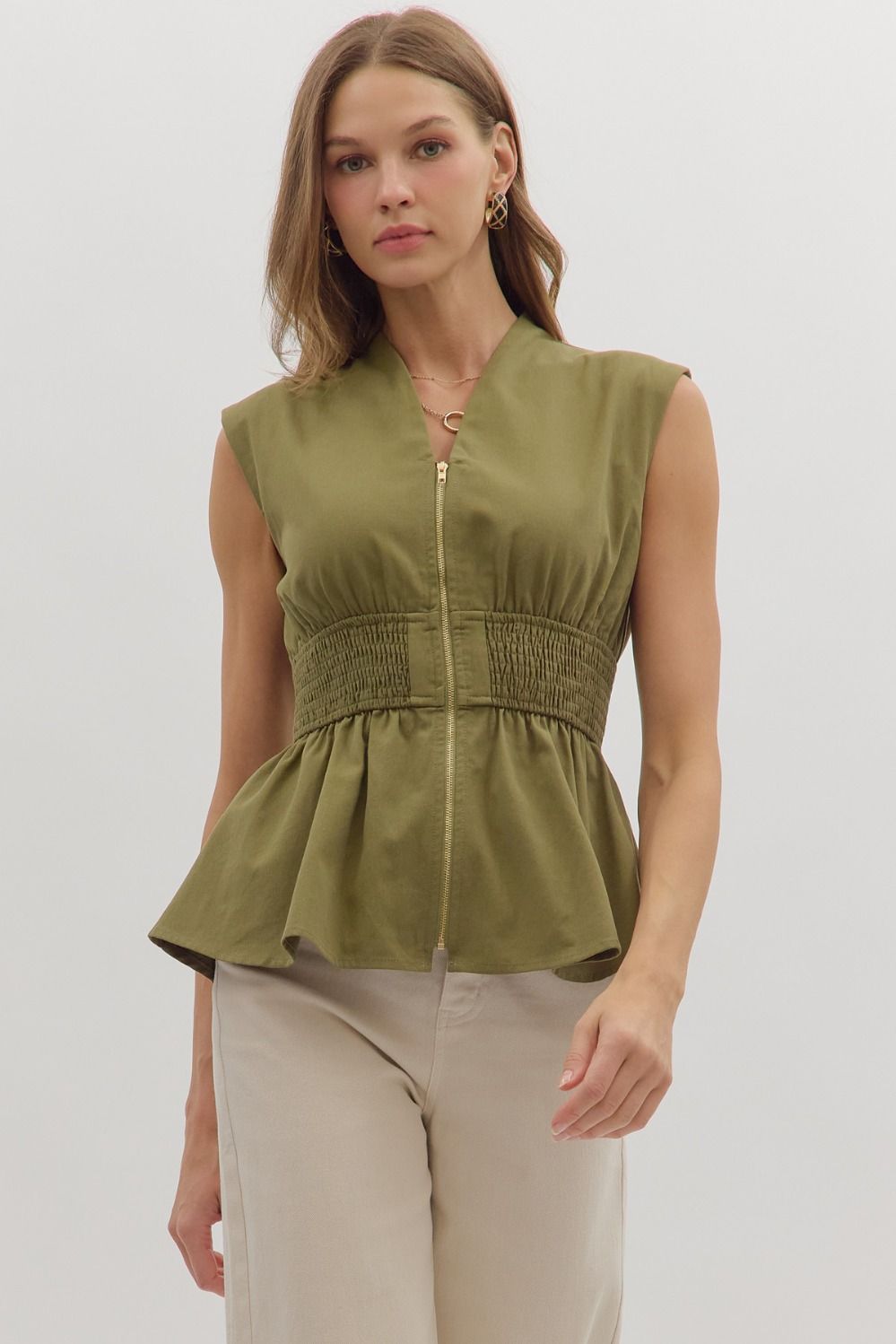 Entro Solid Denim Peplum Top With Smocked Waist In Olive