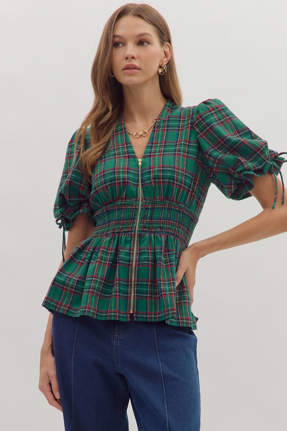Entro Plaid Puff Sleeve Smocked Waist Top In Green *COMING SOON*