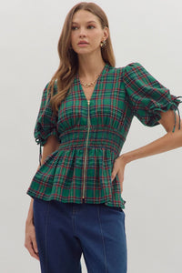 Entro Plaid Puff Sleeve Smocked Waist Top In Green *COMING SOON*