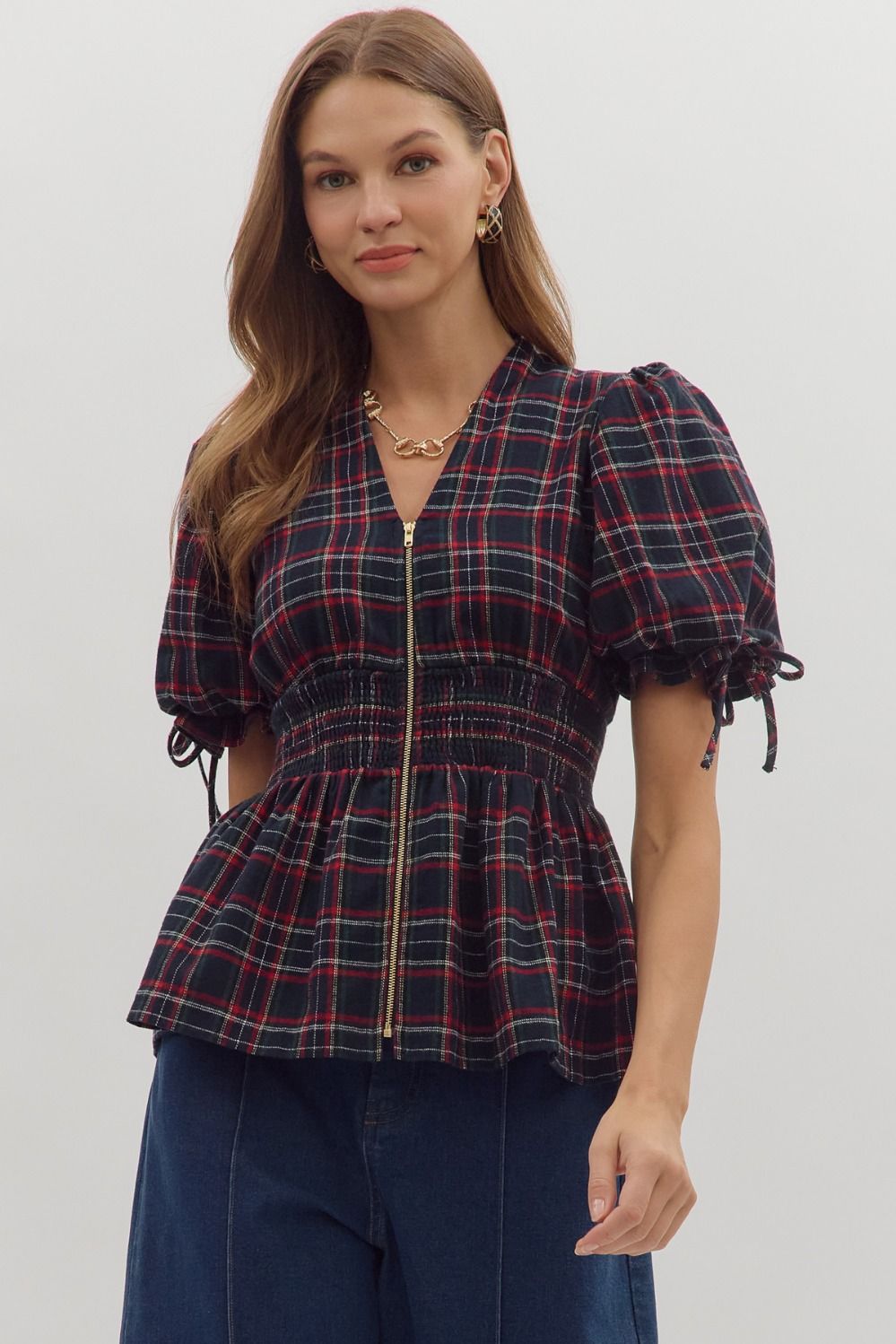 Entro Plaid Puff Sleeve Smocked Waist Top In Navy *COMING SOON*