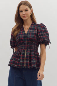 Entro Plaid Puff Sleeve Smocked Waist Top In Navy *COMING SOON*