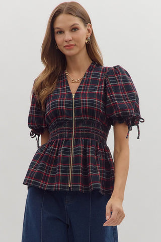 Entro Plaid Puff Sleeve Smocked Waist Top In Navy *COMING SOON*