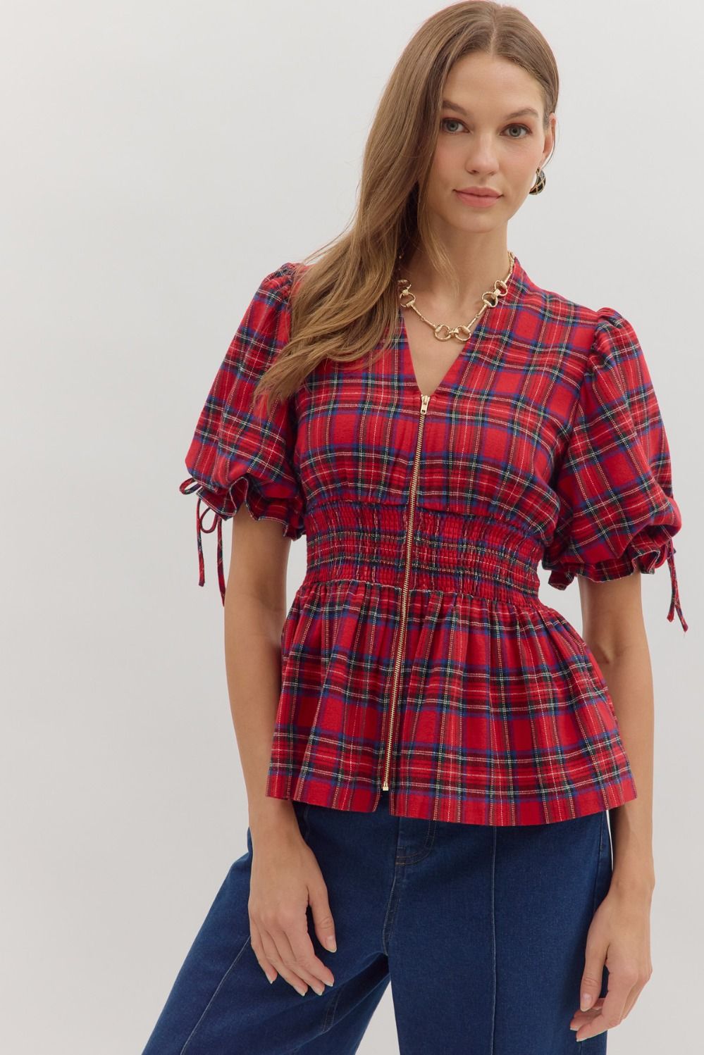 Entro Plaid Puff Sleeve Smocked Waist Top In Red *COMING SOON*