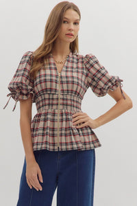 Entro Plaid Puff Sleeve Smocked Waist Top In Taupe *COMING SOON*