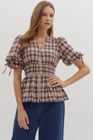 Entro Plaid Puff Sleeve Smocked Waist Top In Taupe *COMING SOON*