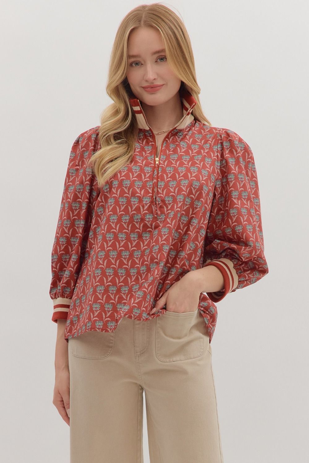 Entro Floral Long Sleeve Half Zip Top With Contrast Trim In Rust *COMING SOON*
