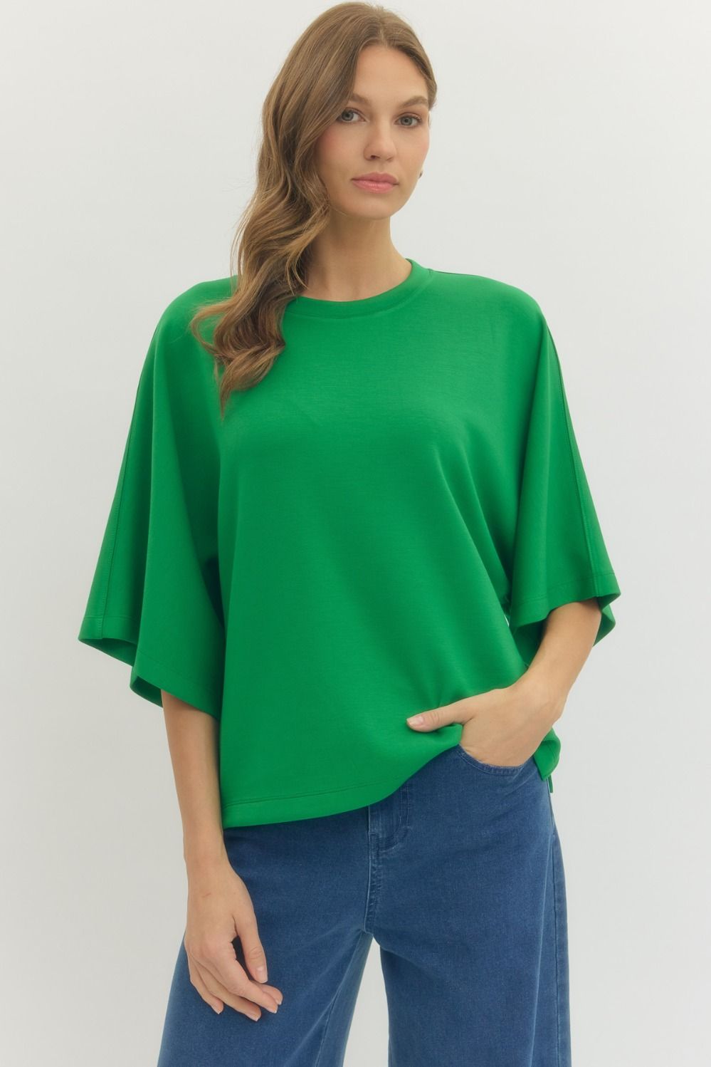 Entro Solid Elbow Sleeve Luxe Knit Top In Green