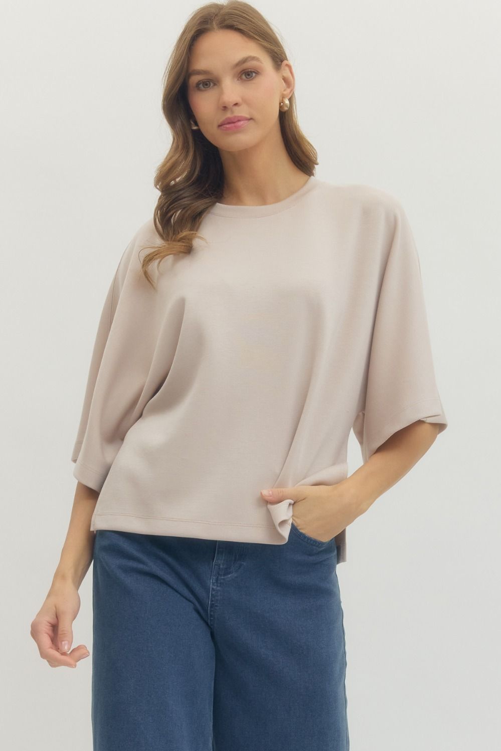 Entro Solid Elbow Sleeve Luxe Knit Top In Oatmeal