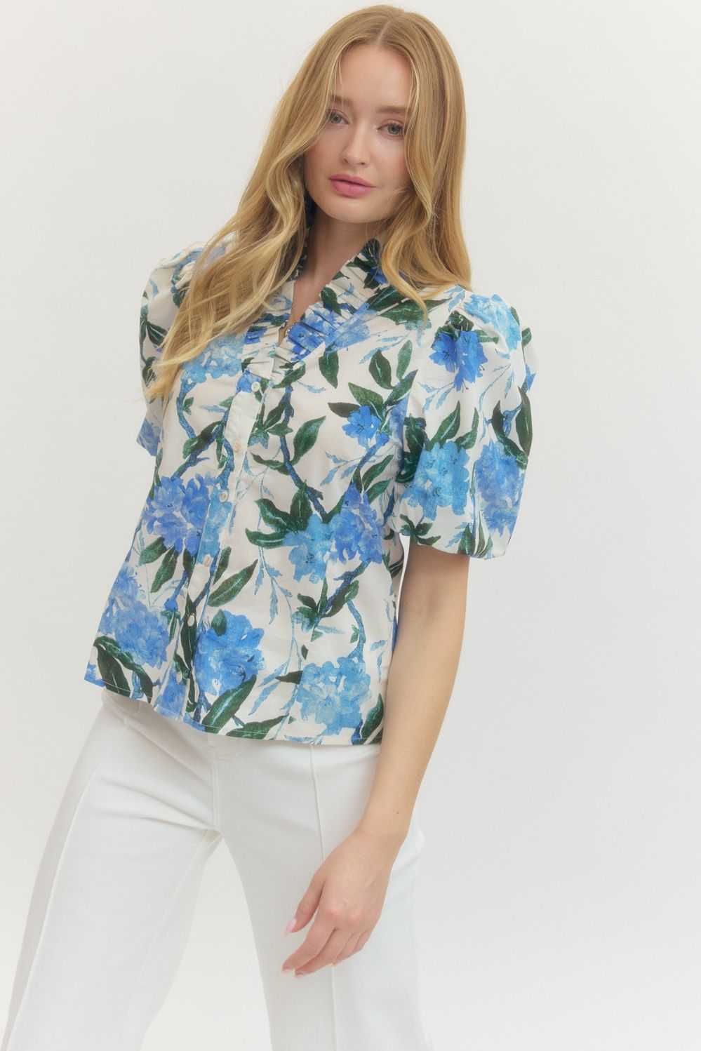 Entro Floral Puff Sleeve Top In Ivory Royal