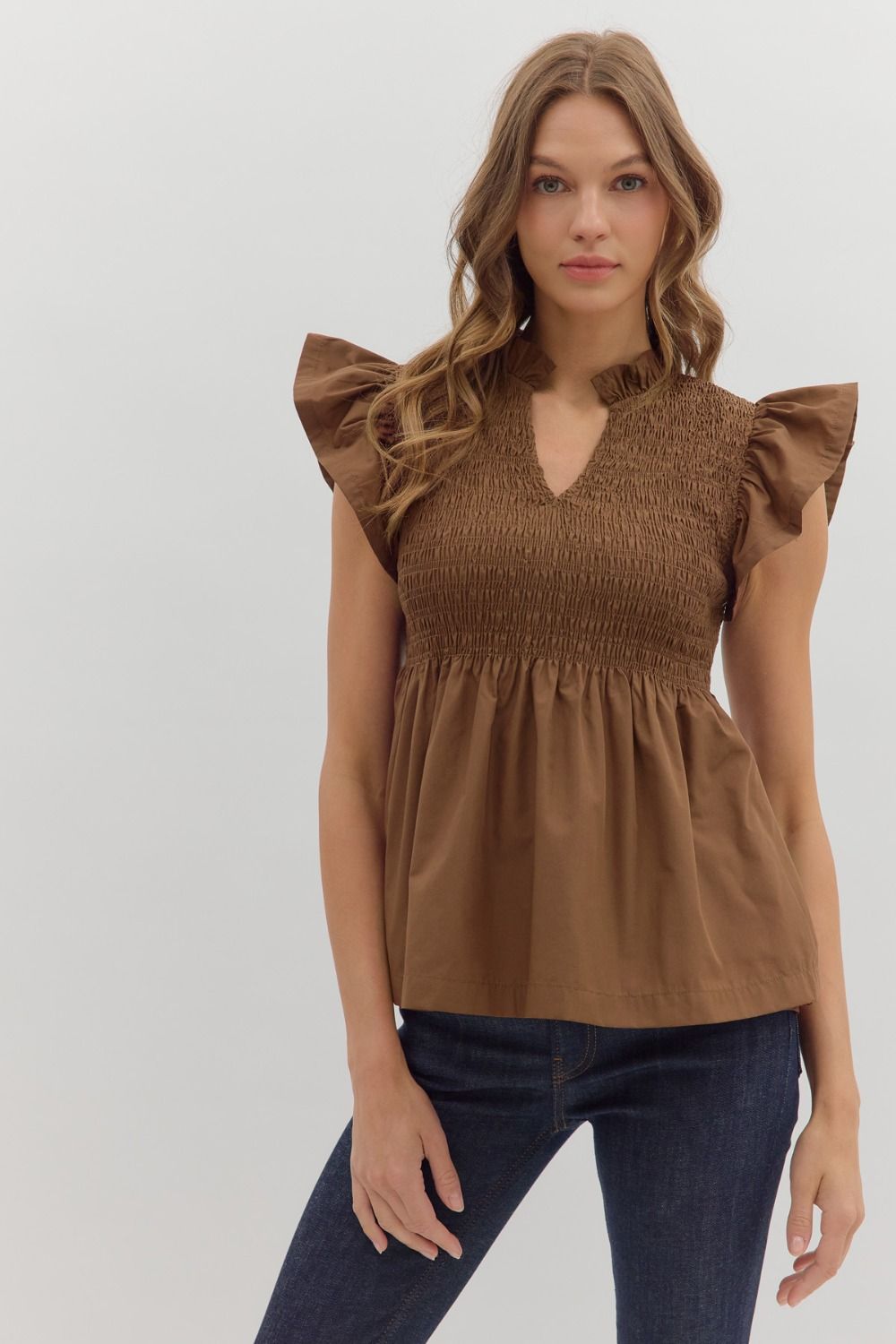 Entro Solid Flutter Sleeve Peplum Top In Coffee