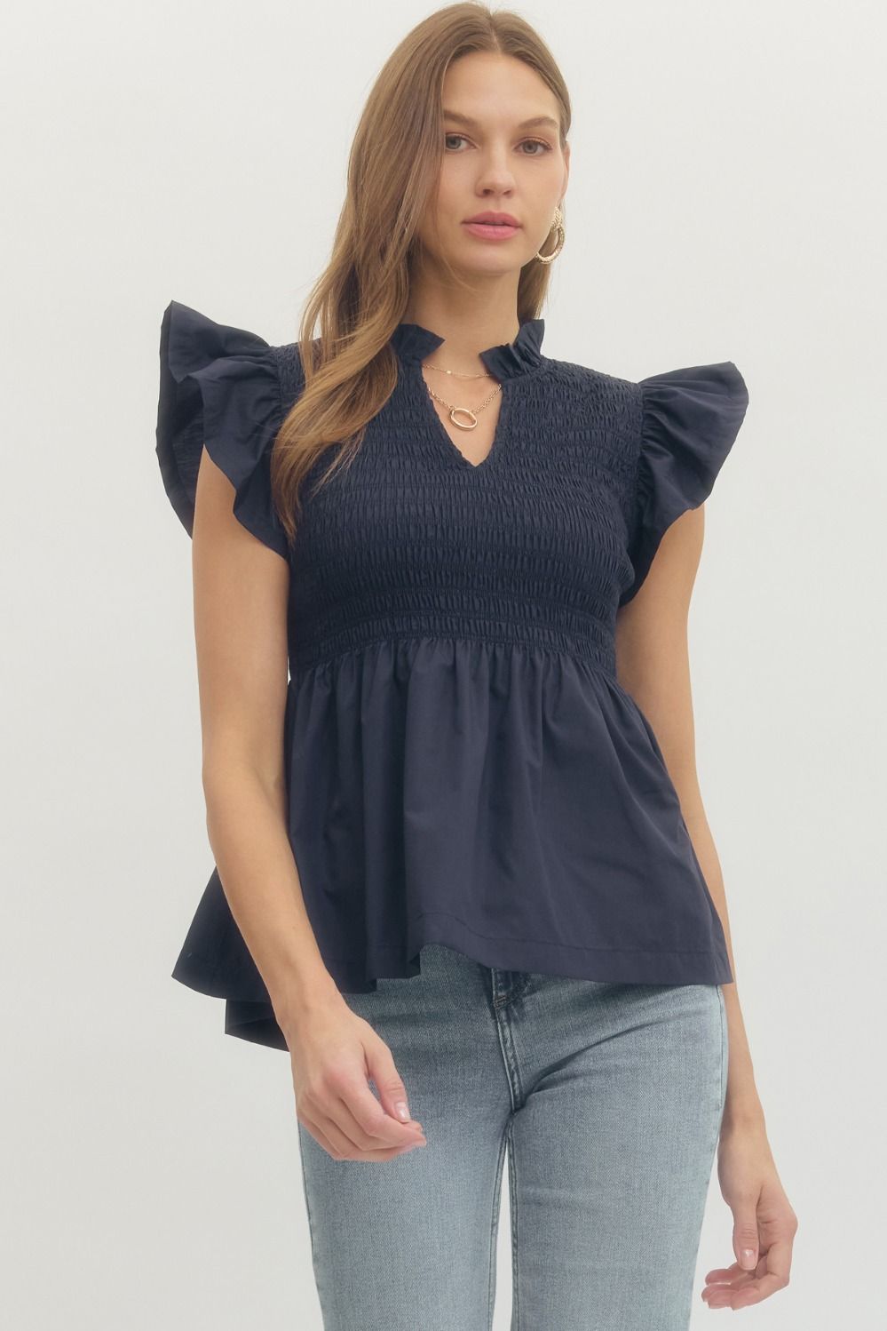 Entro Solid Flutter Sleeve Peplum Top In Navy